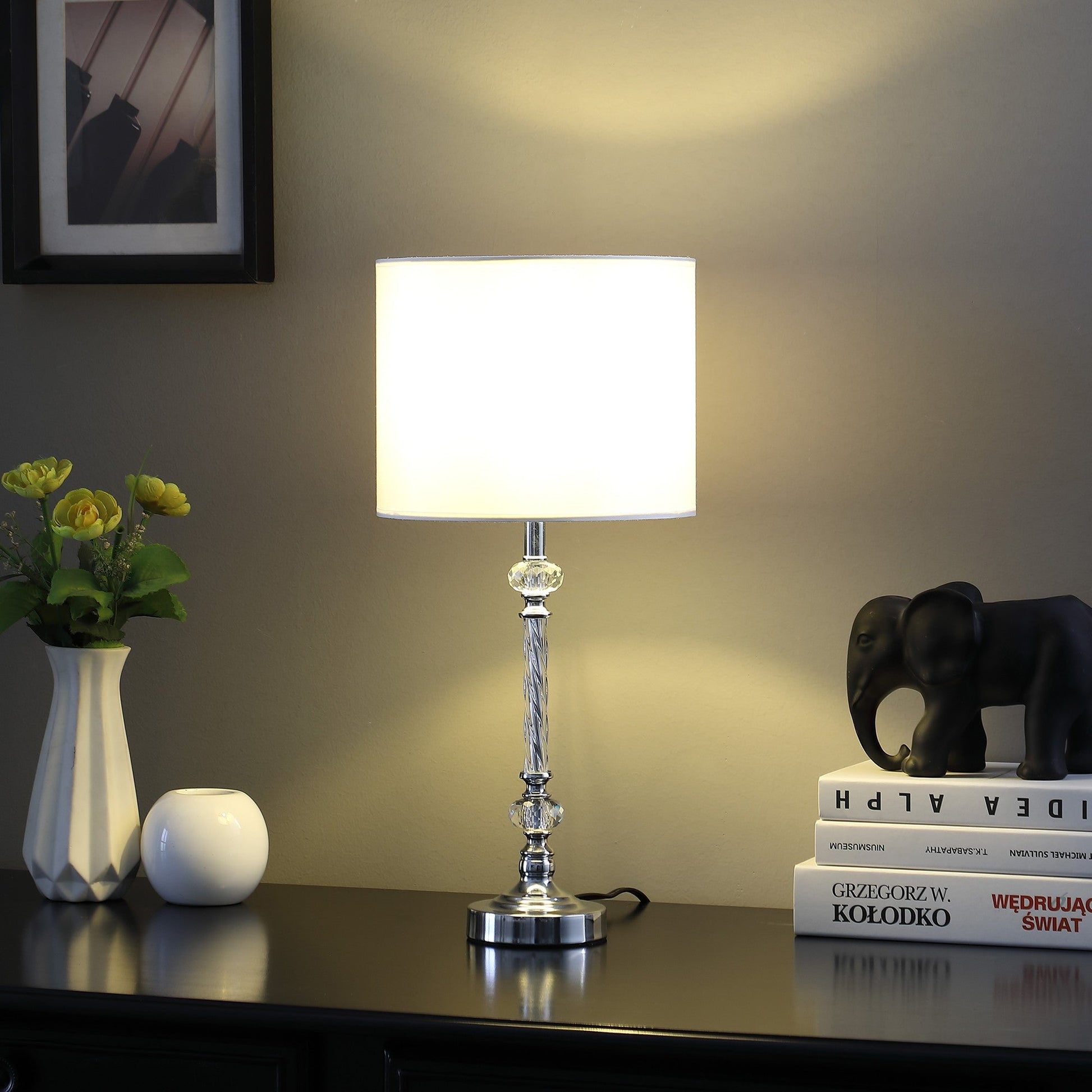 HomeRoots 19” Stylish Silver Crystal Metal Table Lamp With White Shade