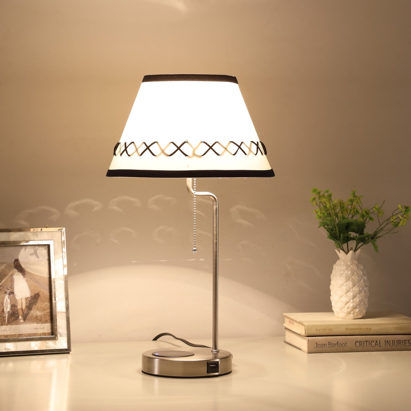 HomeRoots 20" Bedside Table Lamp With Off White Empire Shade in Silver Finish