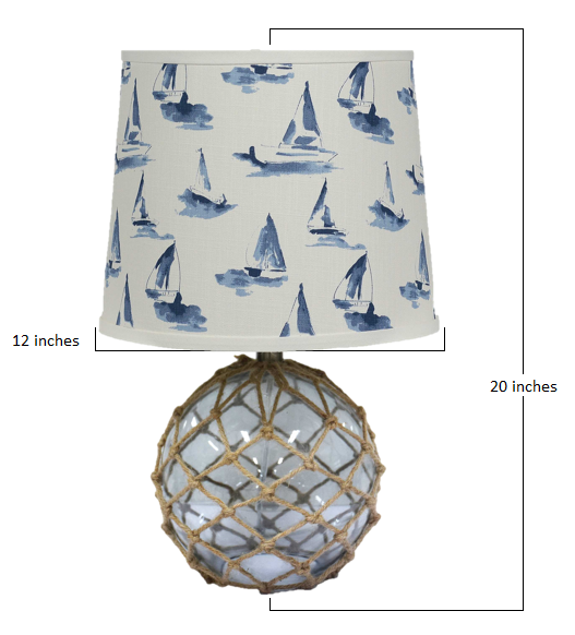 HomeRoots 20" Clear Glass Bedside Table Lamp With White And Blue Tapered Drum Shade and Net Finish
