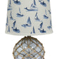 HomeRoots 20" Clear Glass Bedside Table Lamp With White And Blue Tapered Drum Shade and Net Finish