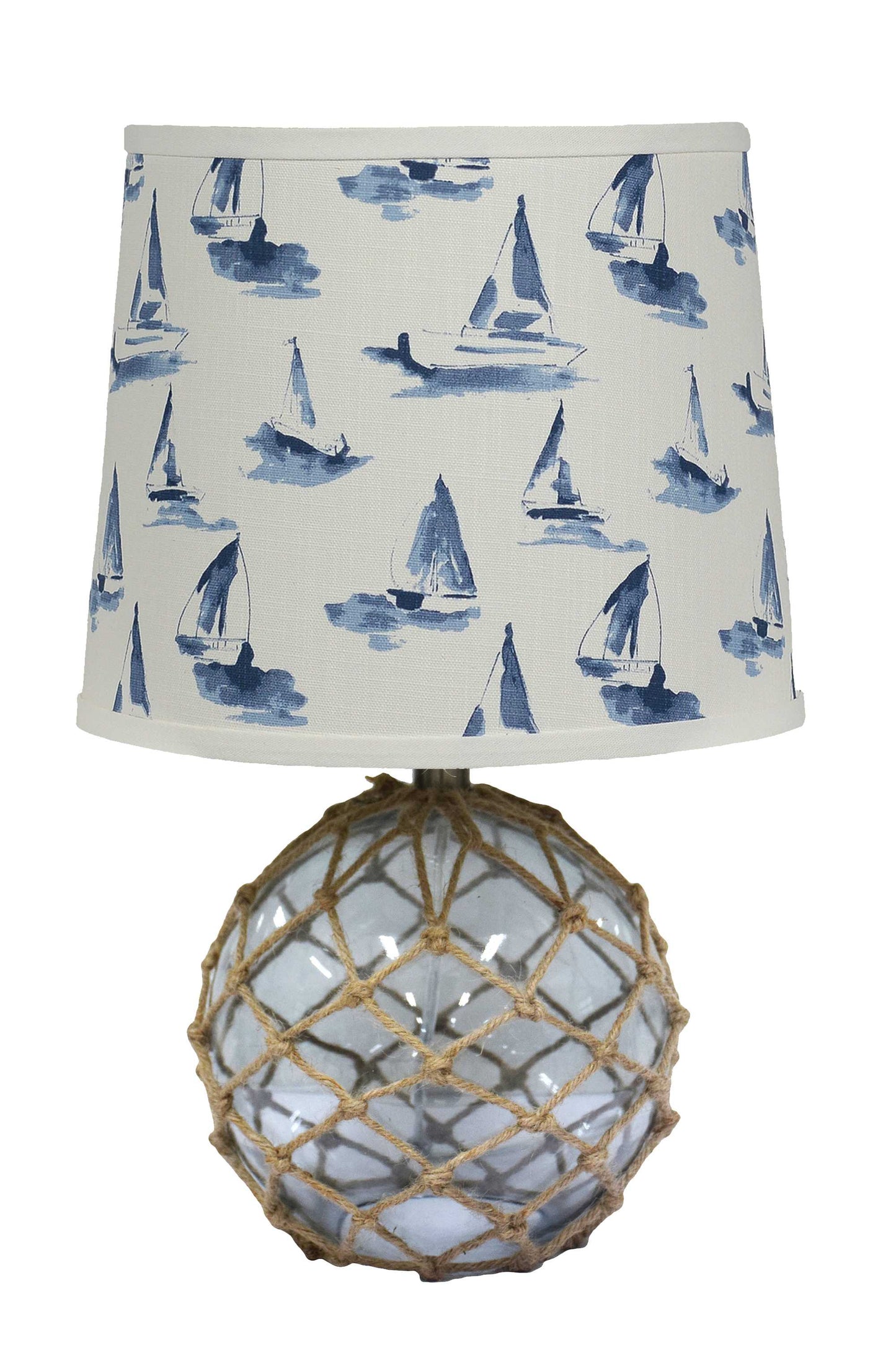 HomeRoots 20" Clear Glass Bedside Table Lamp With White And Blue Tapered Drum Shade and Net Finish
