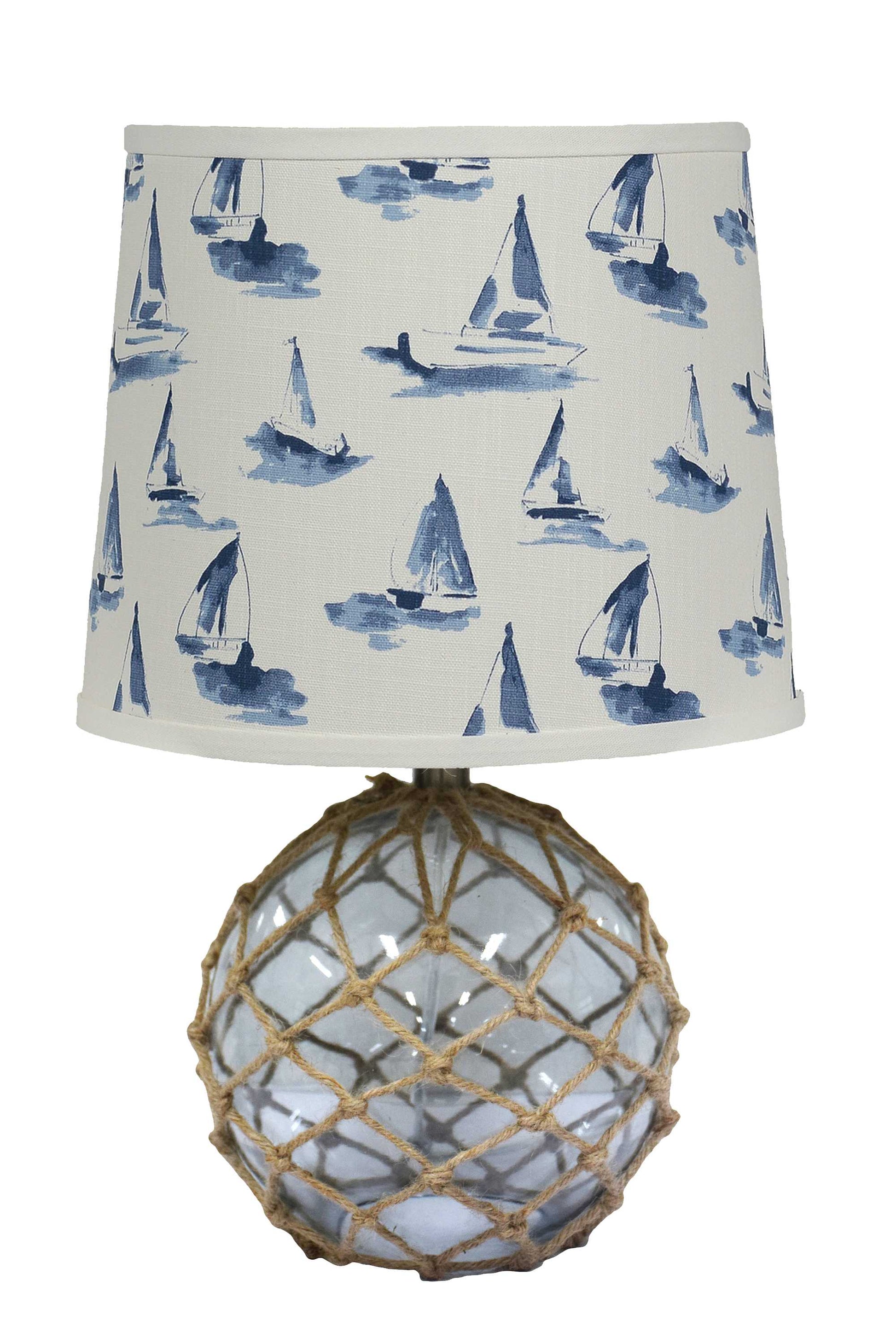 HomeRoots 20" Clear Glass Bedside Table Lamp With White And Blue Tapered Drum Shade and Net Finish