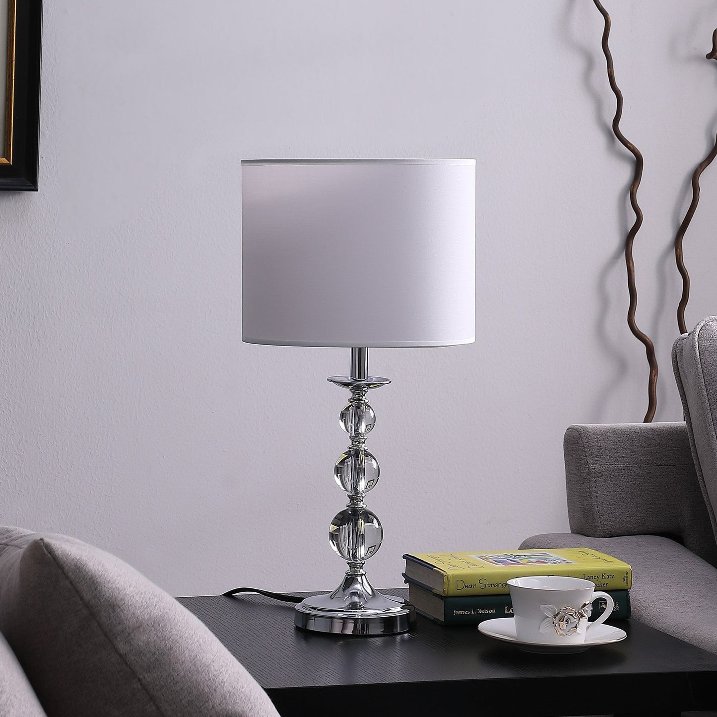 HomeRoots 20” Modern Crystal Orbs And Metal Table Lamp in Silver Finish