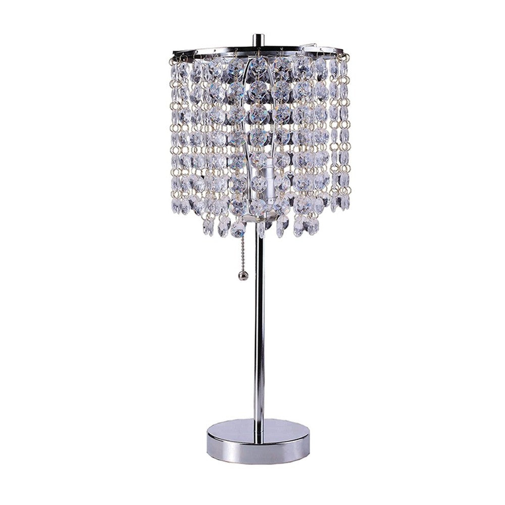HomeRoots 20” Modern Tall Silver Crystal Chandelier Lamp With Clear Drum Shade