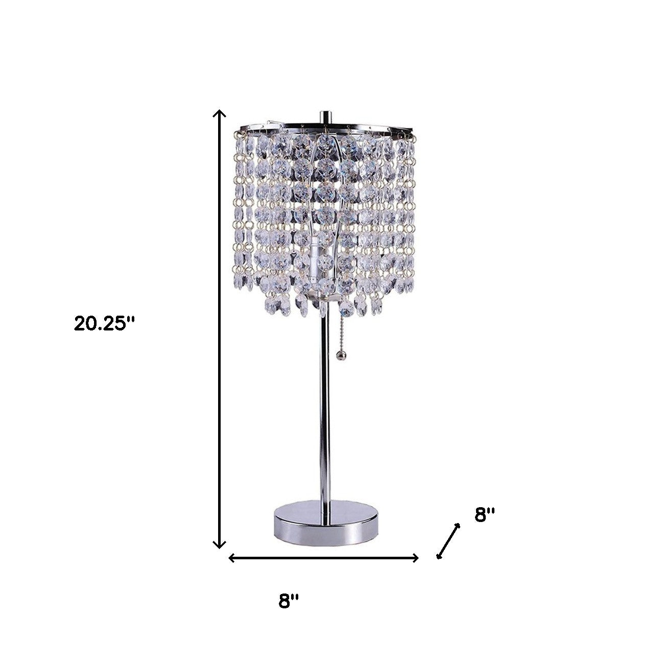 HomeRoots 20” Modern Tall Silver Crystal Chandelier Lamp With Clear Drum Shade