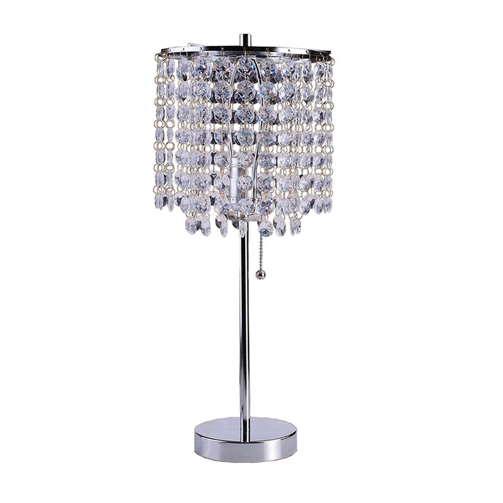 HomeRoots 20” Modern Tall Silver Crystal Chandelier Lamp With Clear Drum Shade