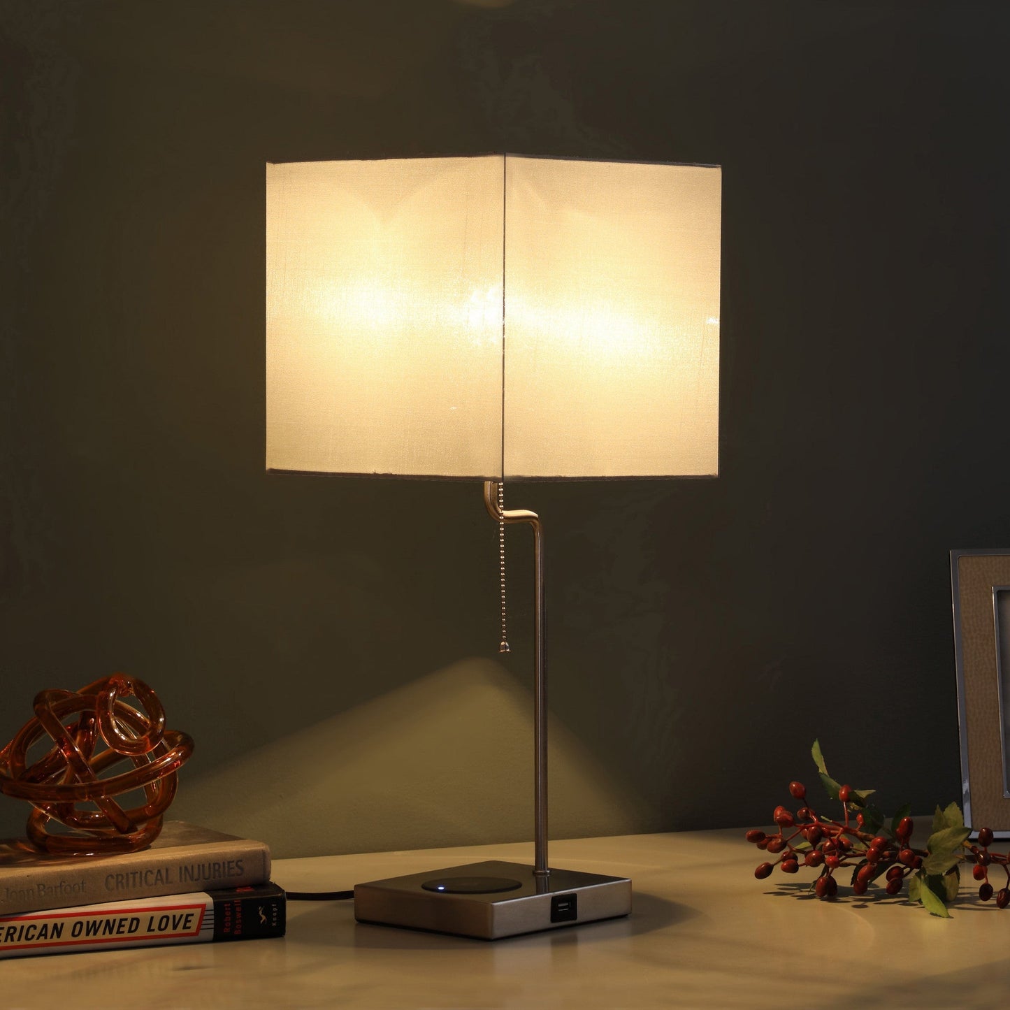 HomeRoots 22” Industrial Square Metal Table Lamp with USB Port in Gray Finish