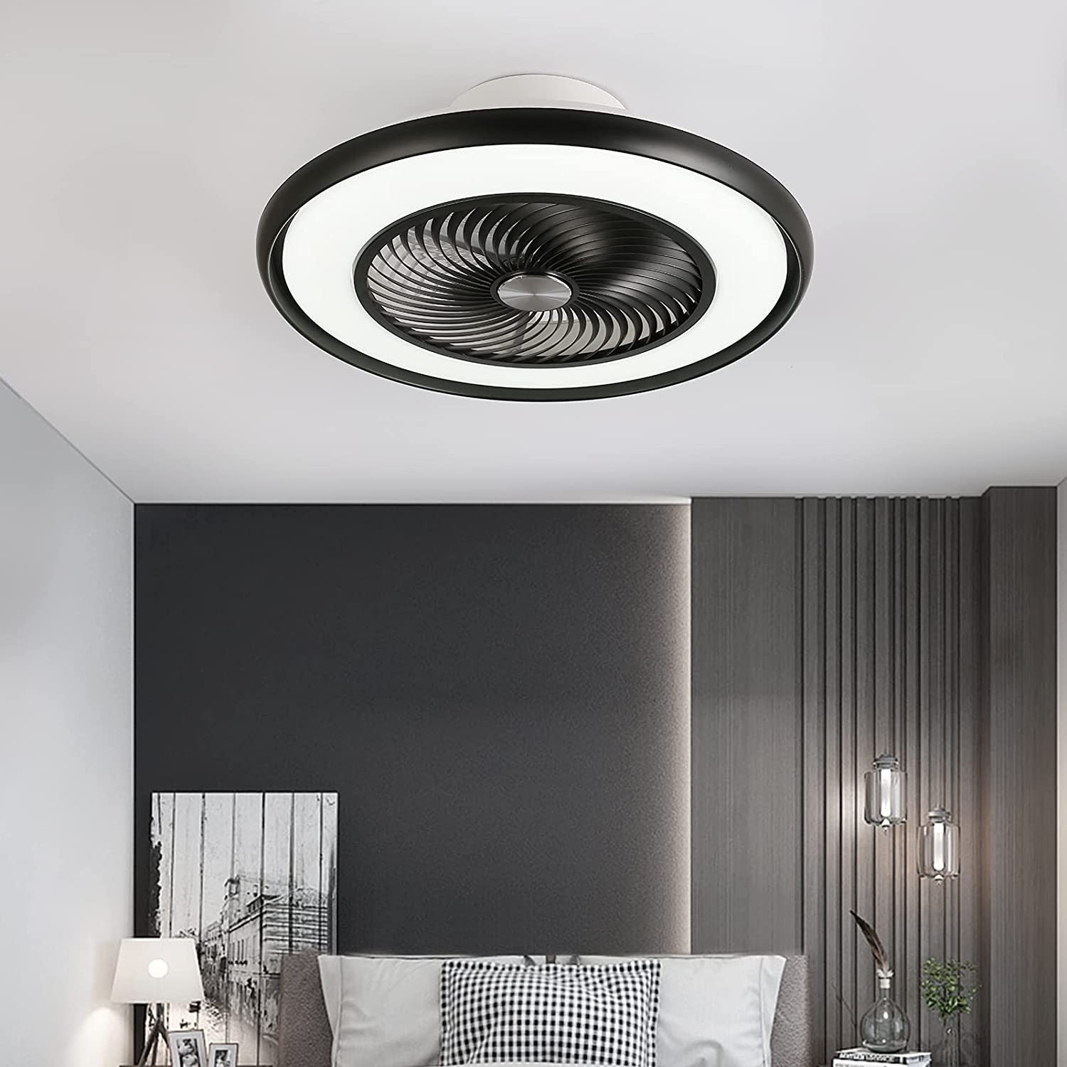 HomeRoots 22" Modern Invisible Blade Ceiling Fan and Light With Black and White Finish