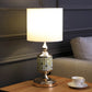 HomeRoots 23” 23" Bedside Table Lamp With White Drum Shade and Gold Finish