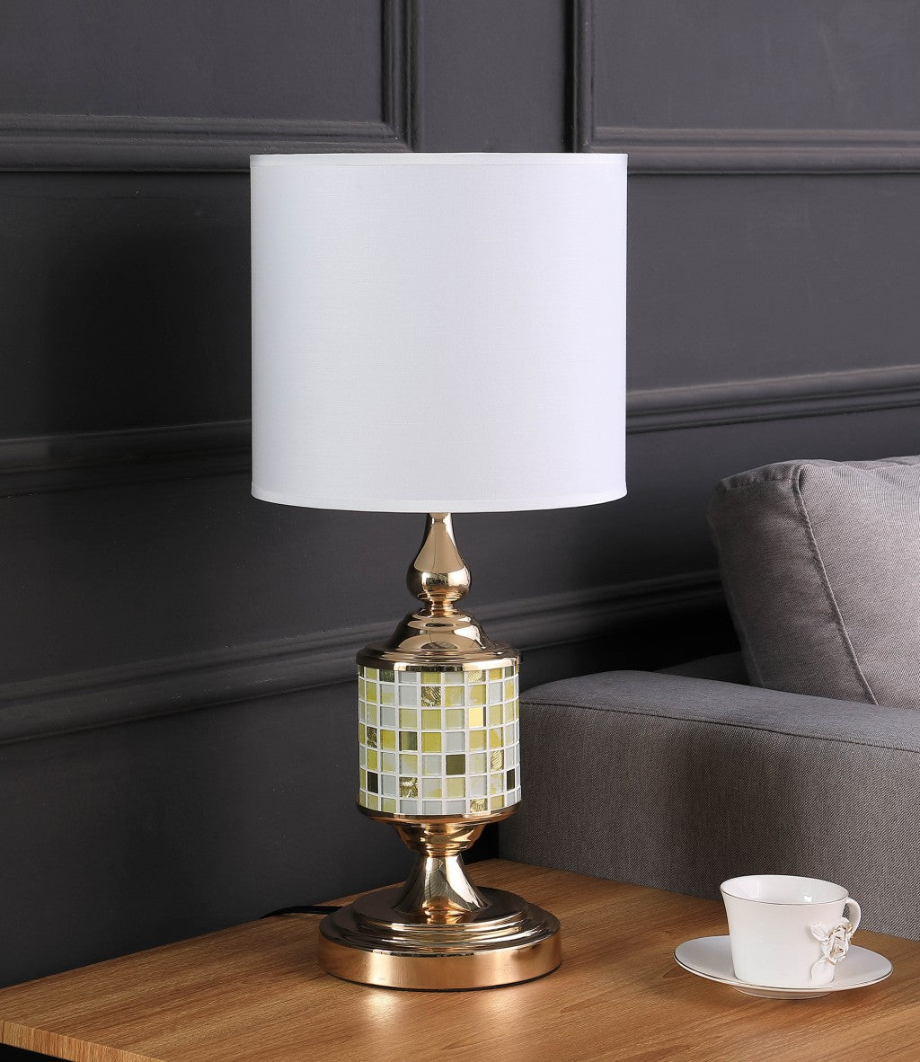 HomeRoots 23” 23" Bedside Table Lamp With White Drum Shade and Gold Finish