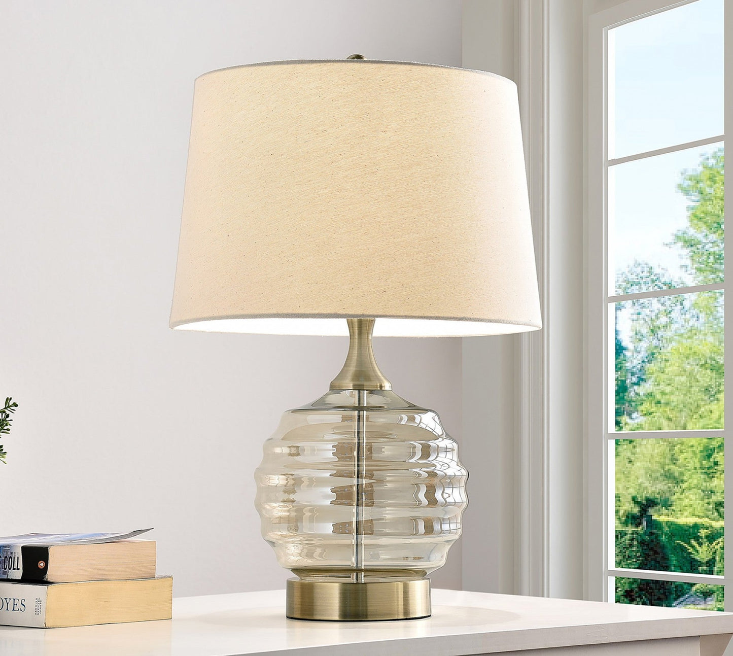 HomeRoots 23" Metal Bedside Table Lamp With Empire Shade and Off-White Finish