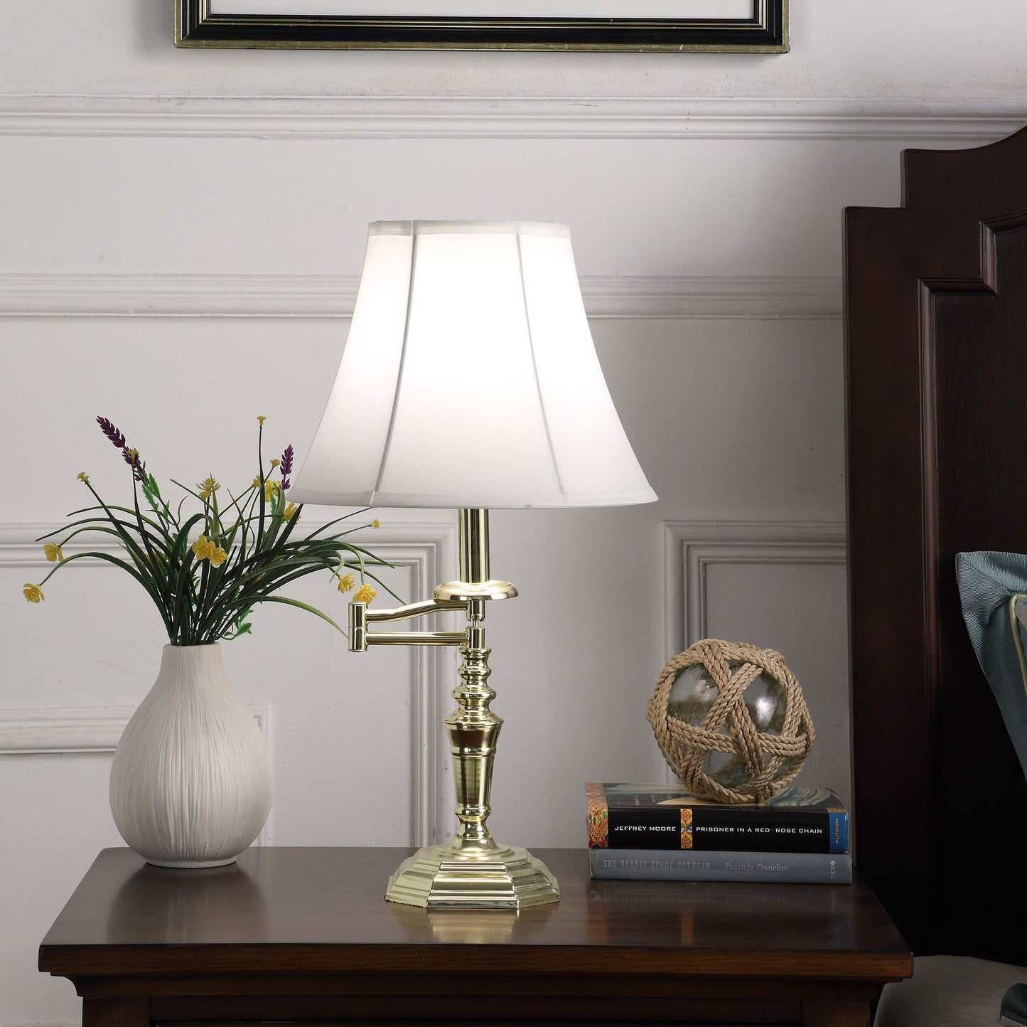 HomeRoots 23” Transitional Arm Metal Table Lamp With White Shade and Gold Finish