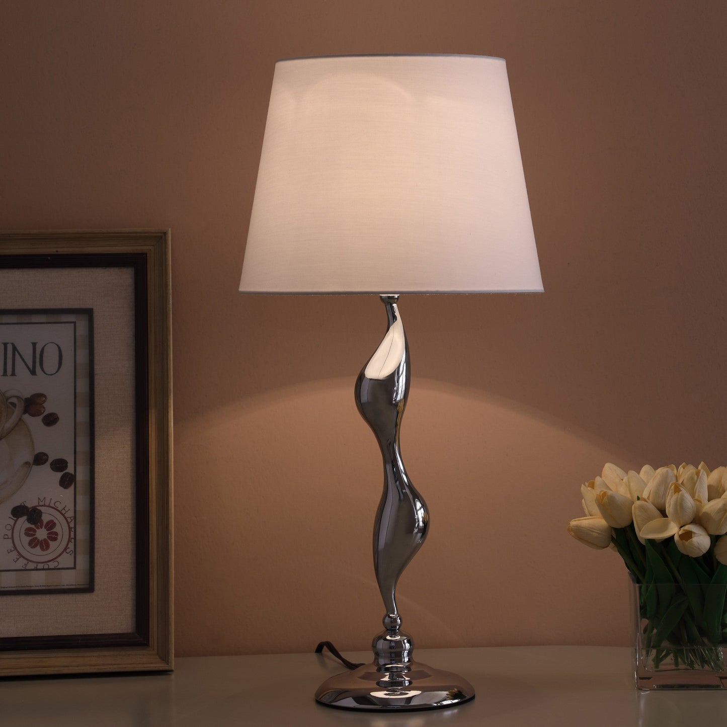 HomeRoots 24" Bedside Table Lamp With White Empire Shade in Silver Finish