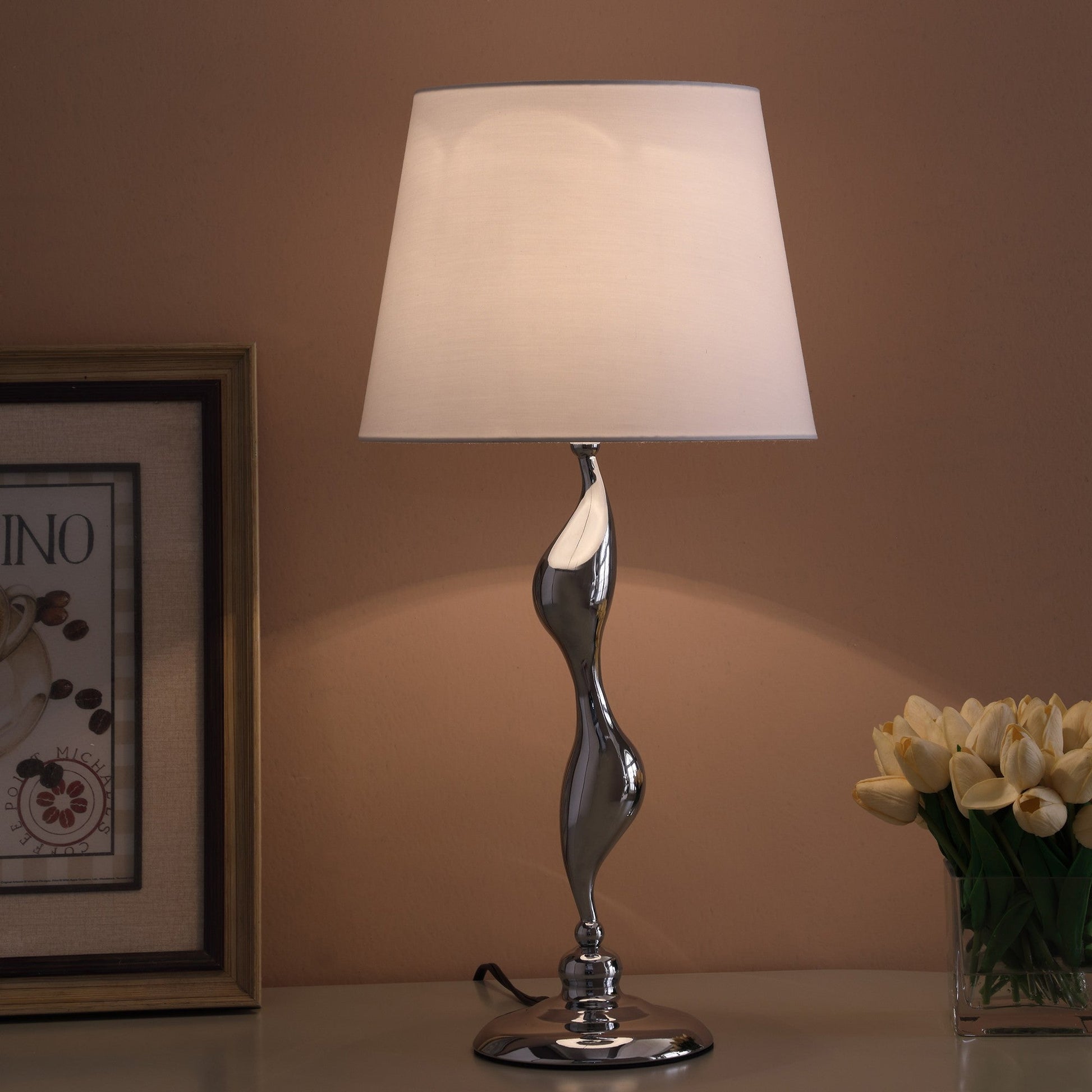 HomeRoots 24" Bedside Table Lamp With White Empire Shade in Silver Finish