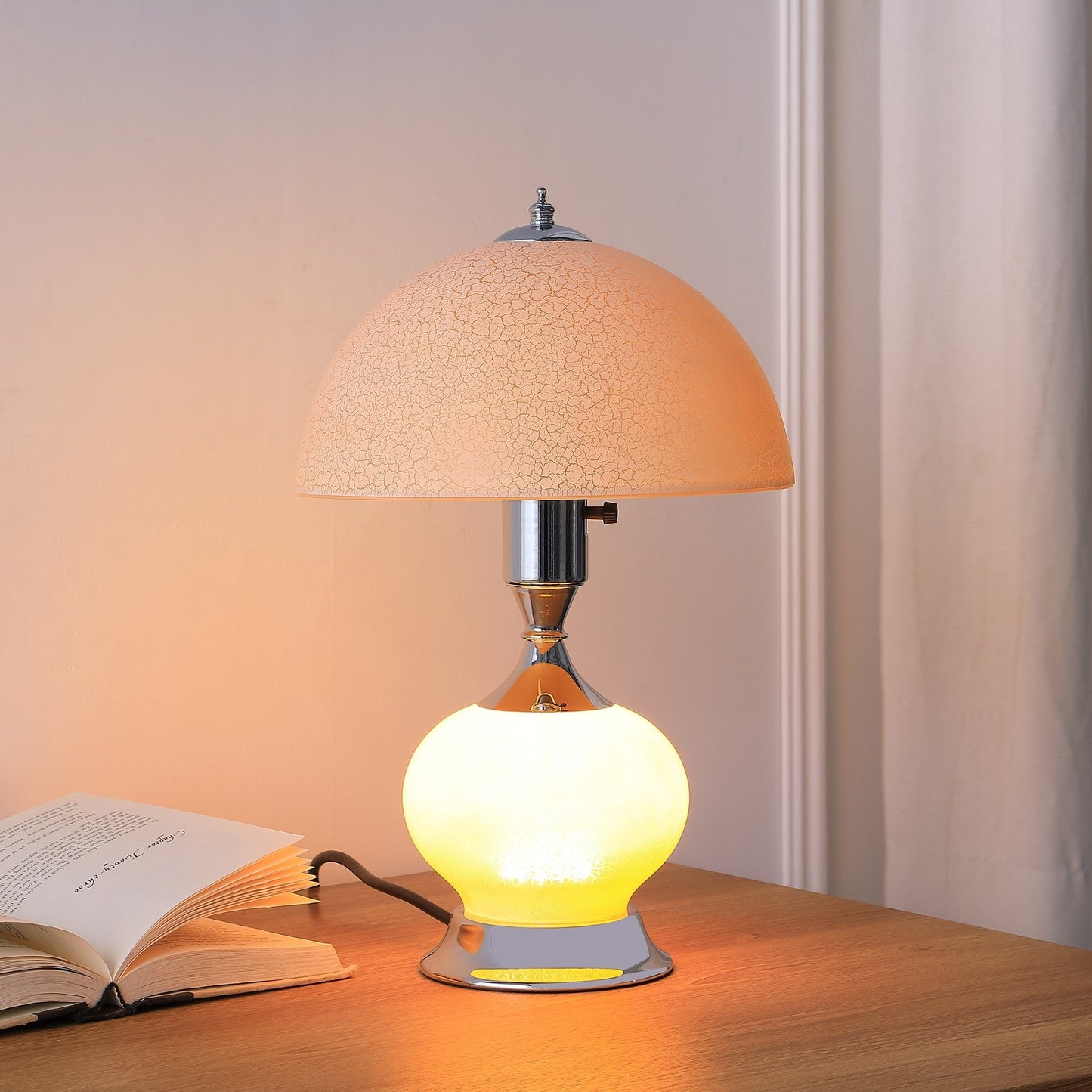 HomeRoots 24” Crackle Glass Table Lamp in Pale Pink Finish