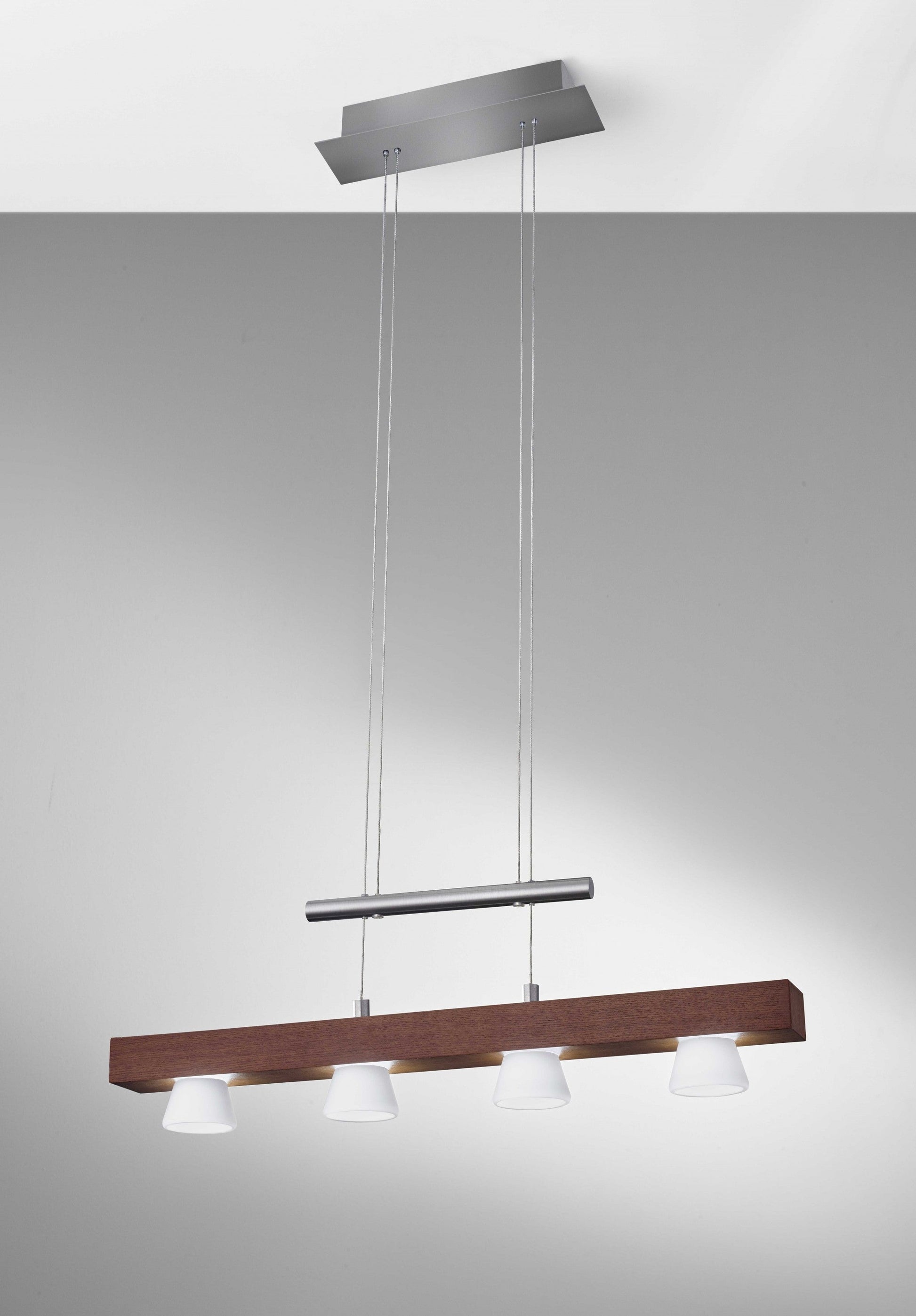 HomeRoots 24" x 11" x 38-69" LED 4 Light Adjustable Pendant With Walnut Wood Finish