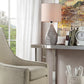 HomeRoots 25" Gray and Black Faceted Table Lamp With Pink Drum Shade