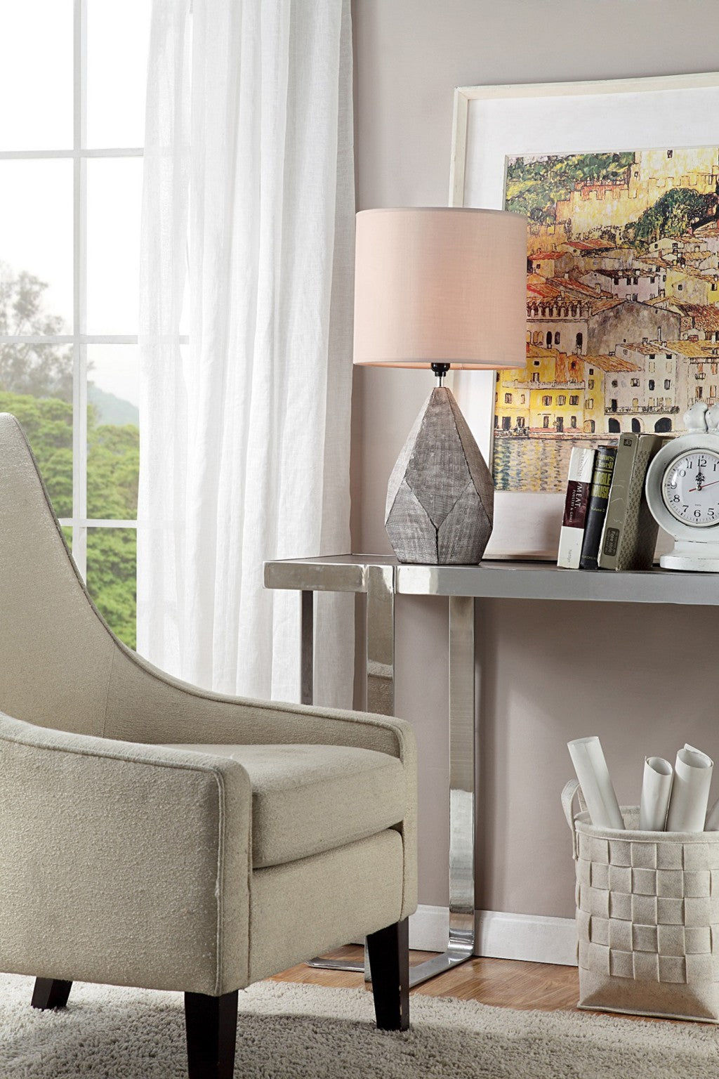HomeRoots 25" Gray and Black Faceted Table Lamp With Pink Drum Shade