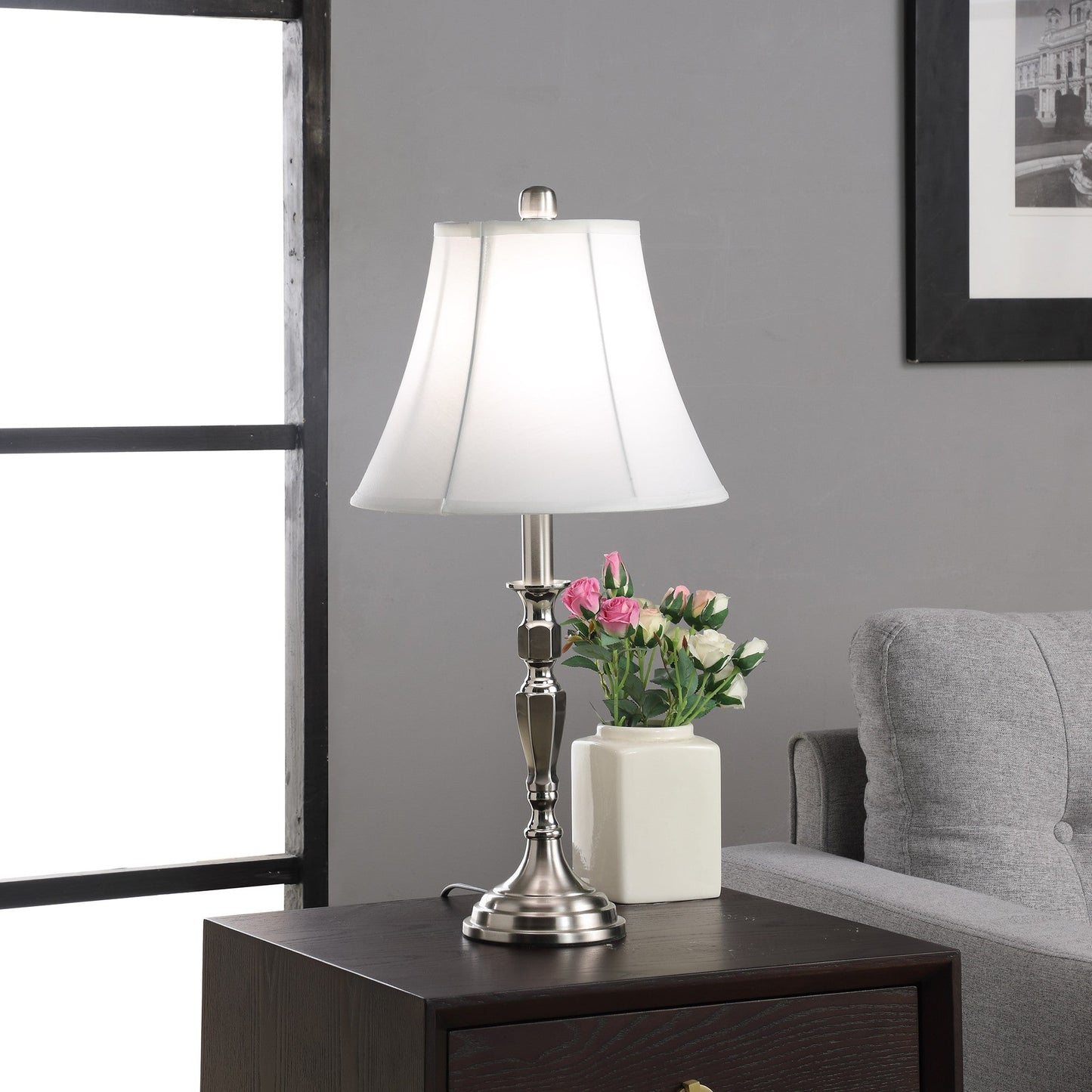 HomeRoots 25" Nickel Metal Bedside Table Lamp With White Bell Shade