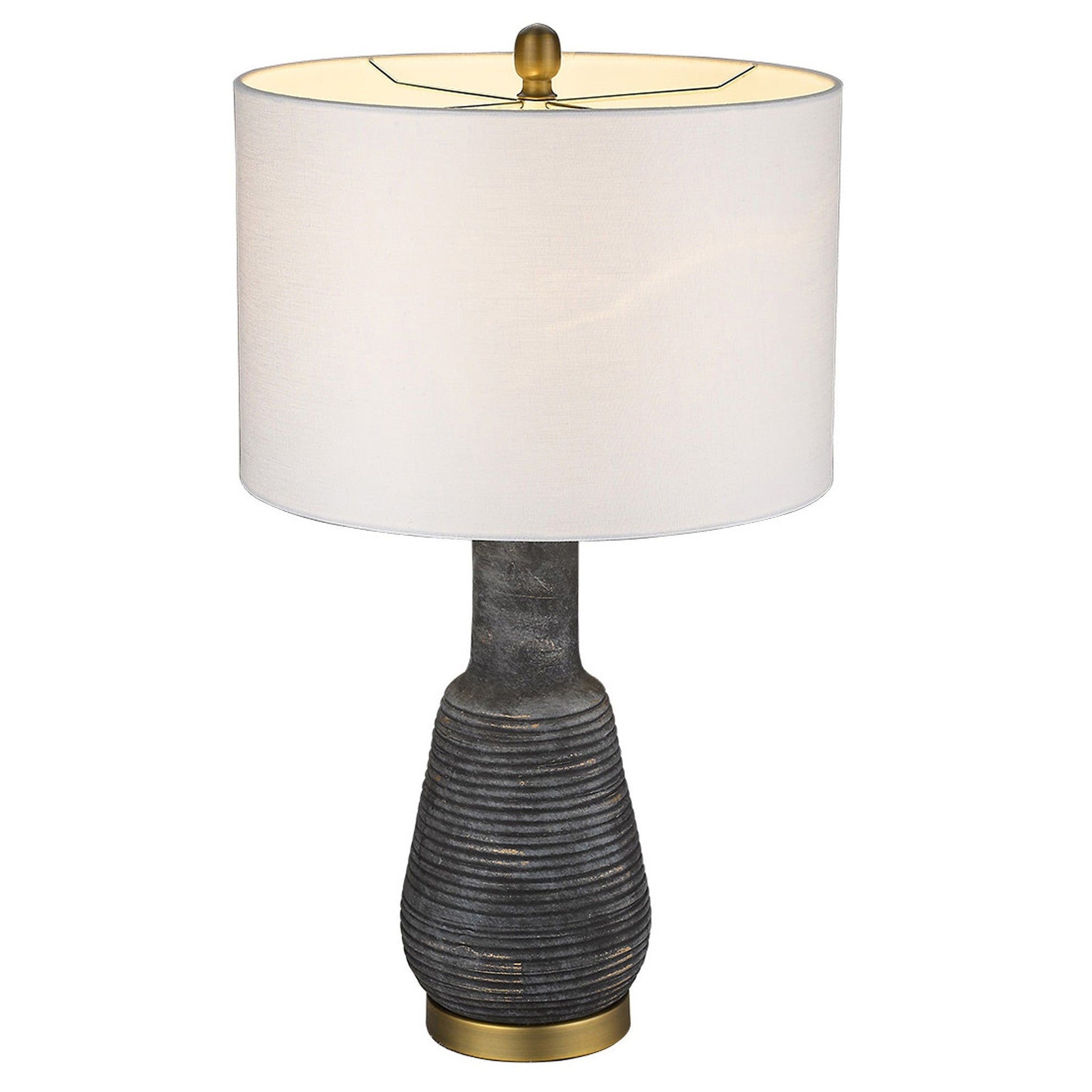 HomeRoots 26" Column Table Lamp With White Drum Shade in Brass Metal Finish