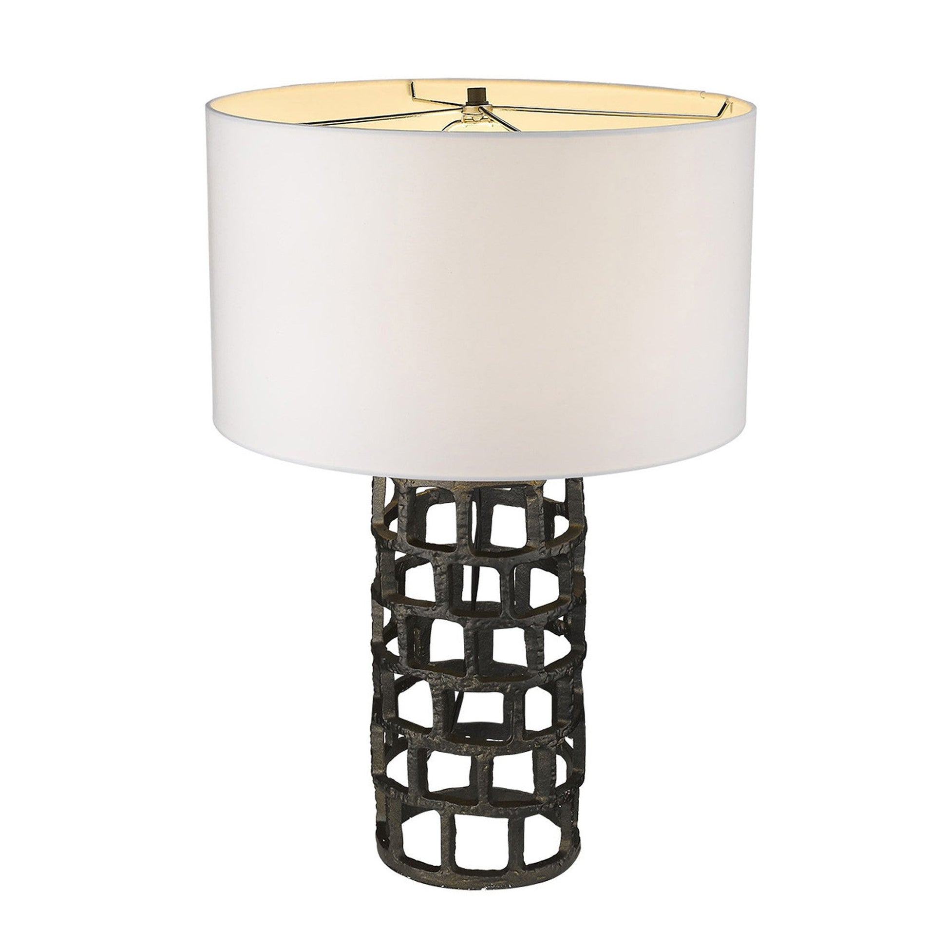 HomeRoots 26" Metal Column Table Lamp With White Drum Shade and Black Finish