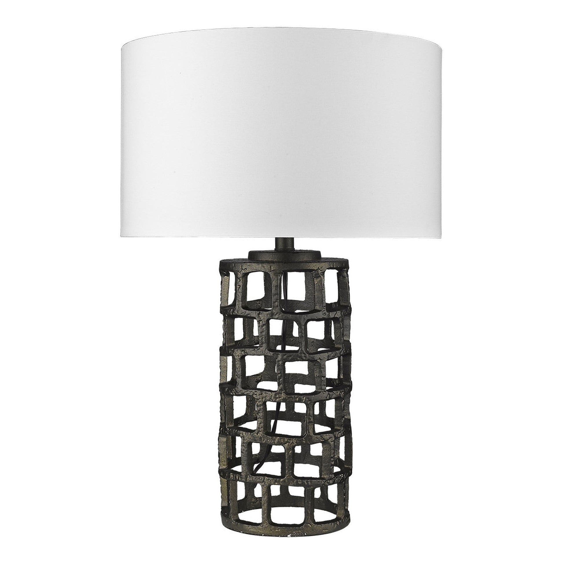 HomeRoots 26" Metal Column Table Lamp With White Drum Shade and Black Finish