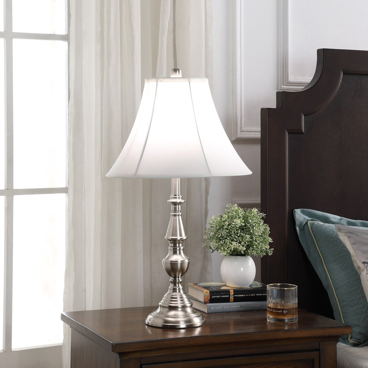 HomeRoots 26” Traditional Metal Table Lamp With White Shade in Brushed Nickel Finish