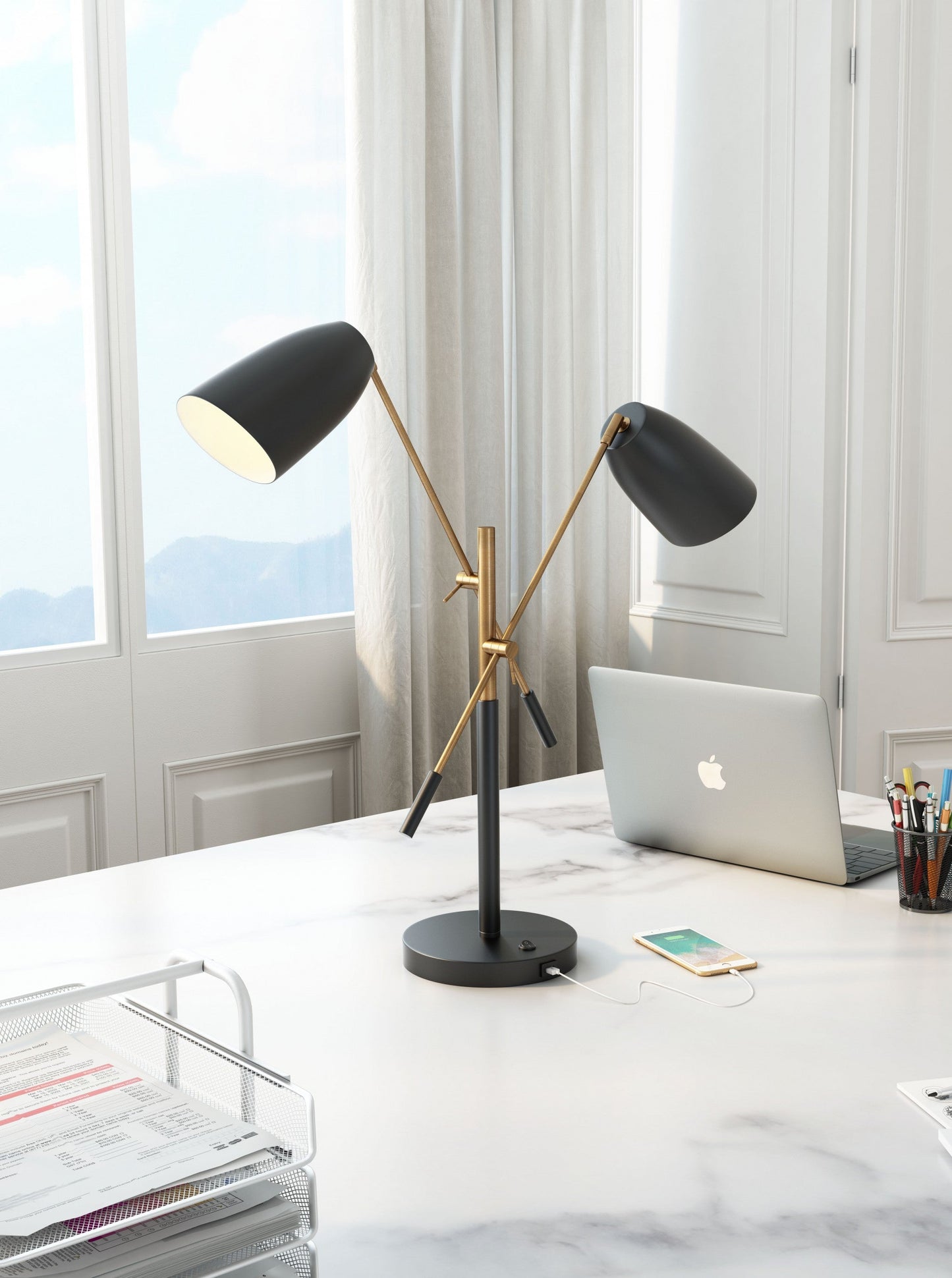 HomeRoots 28" Adjustable Table Lamp With Black and Gold Finish