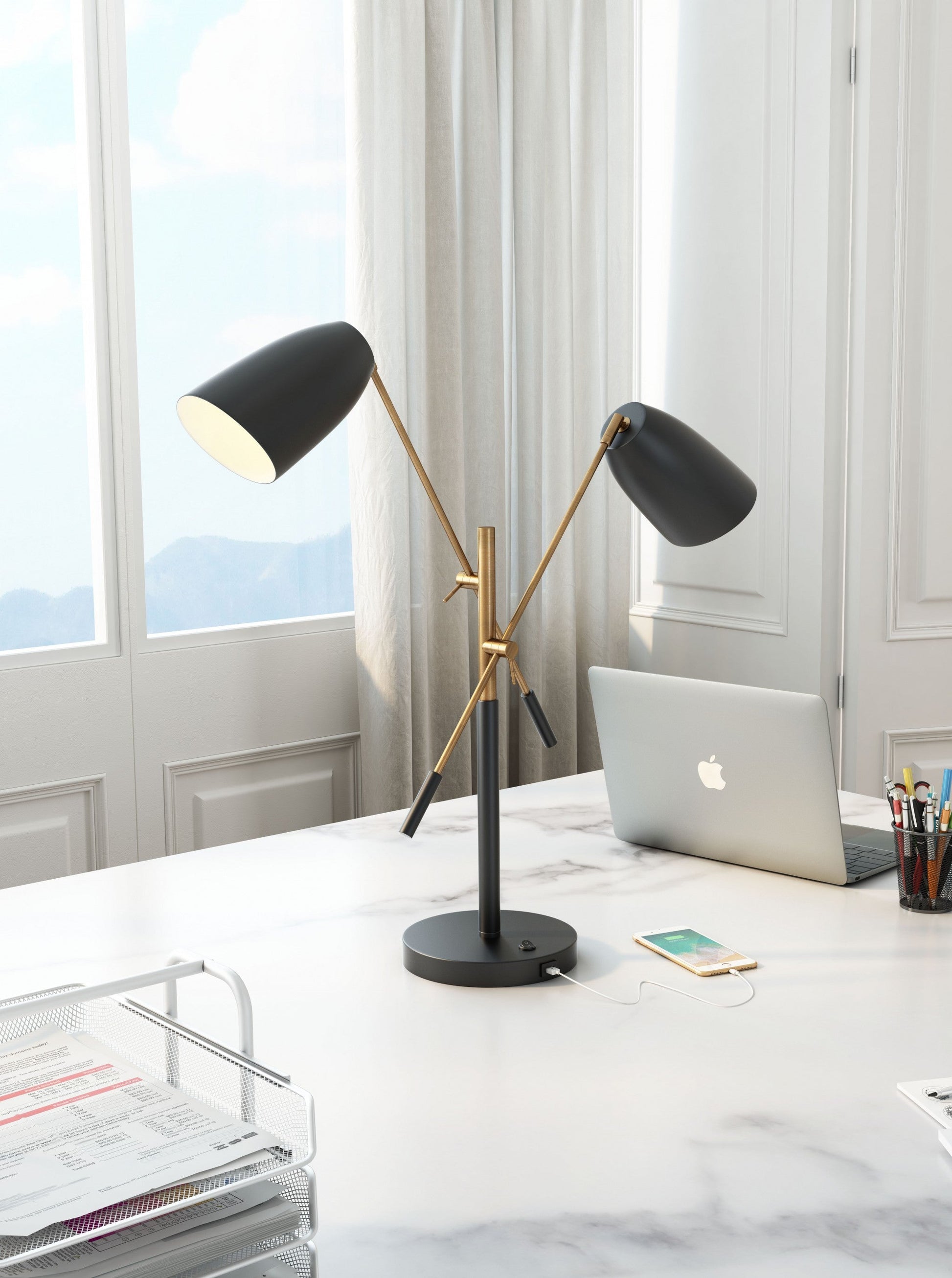 HomeRoots 28" Adjustable Table Lamp With Black and Gold Finish