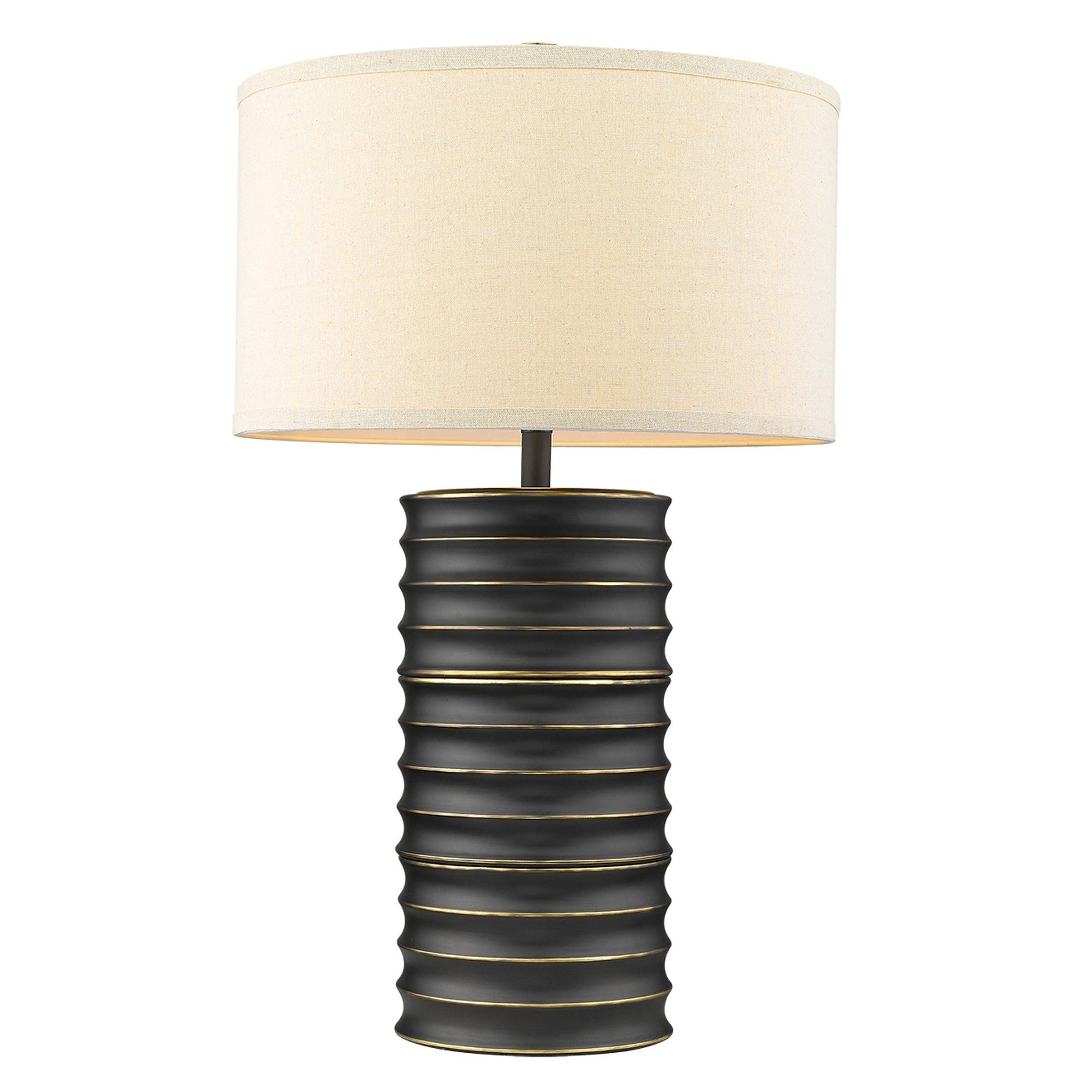 HomeRoots 29" Ceramic Column Table Lamp With Off White Drum Shade in Black Finish