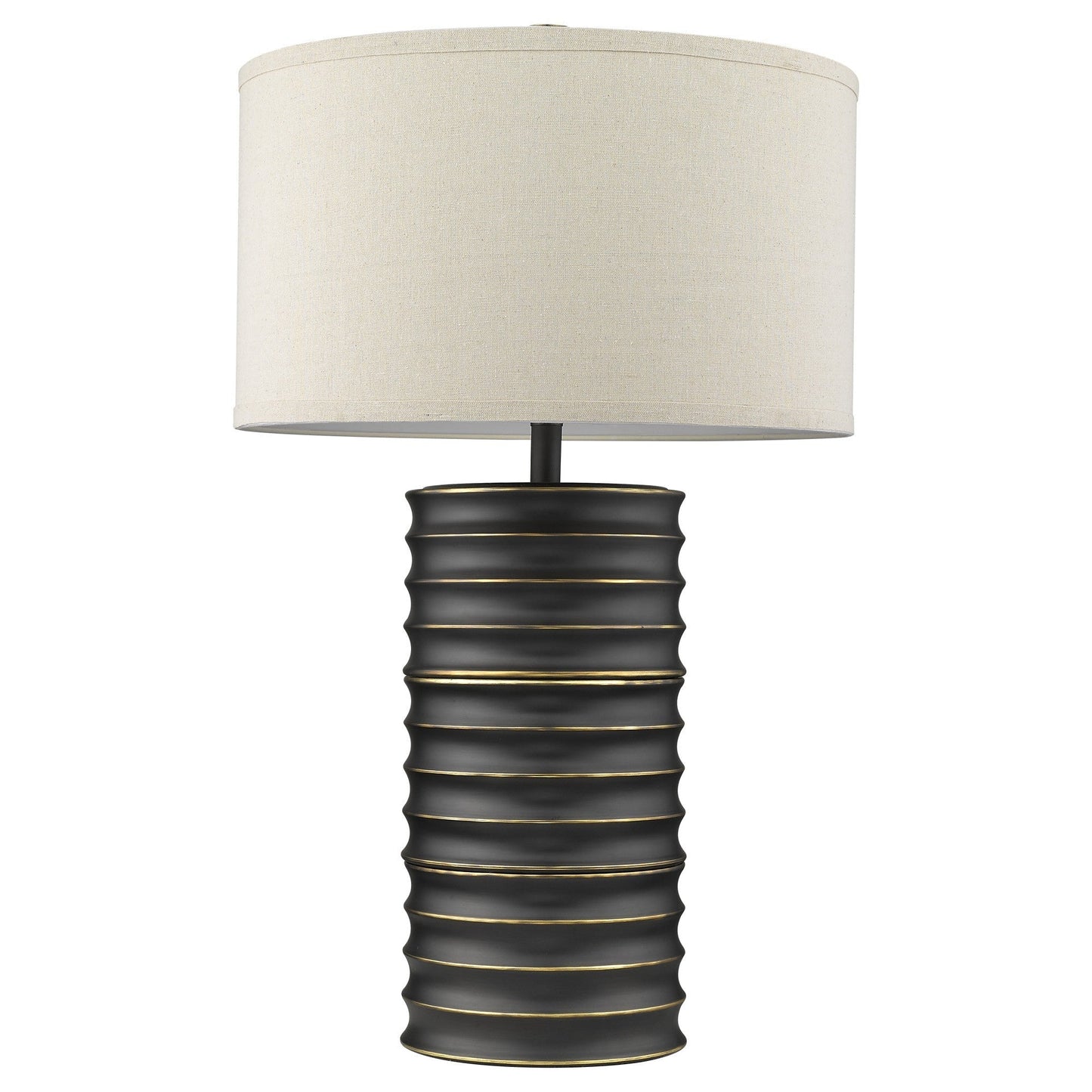 HomeRoots 29" Ceramic Column Table Lamp With Off White Drum Shade in Black Finish