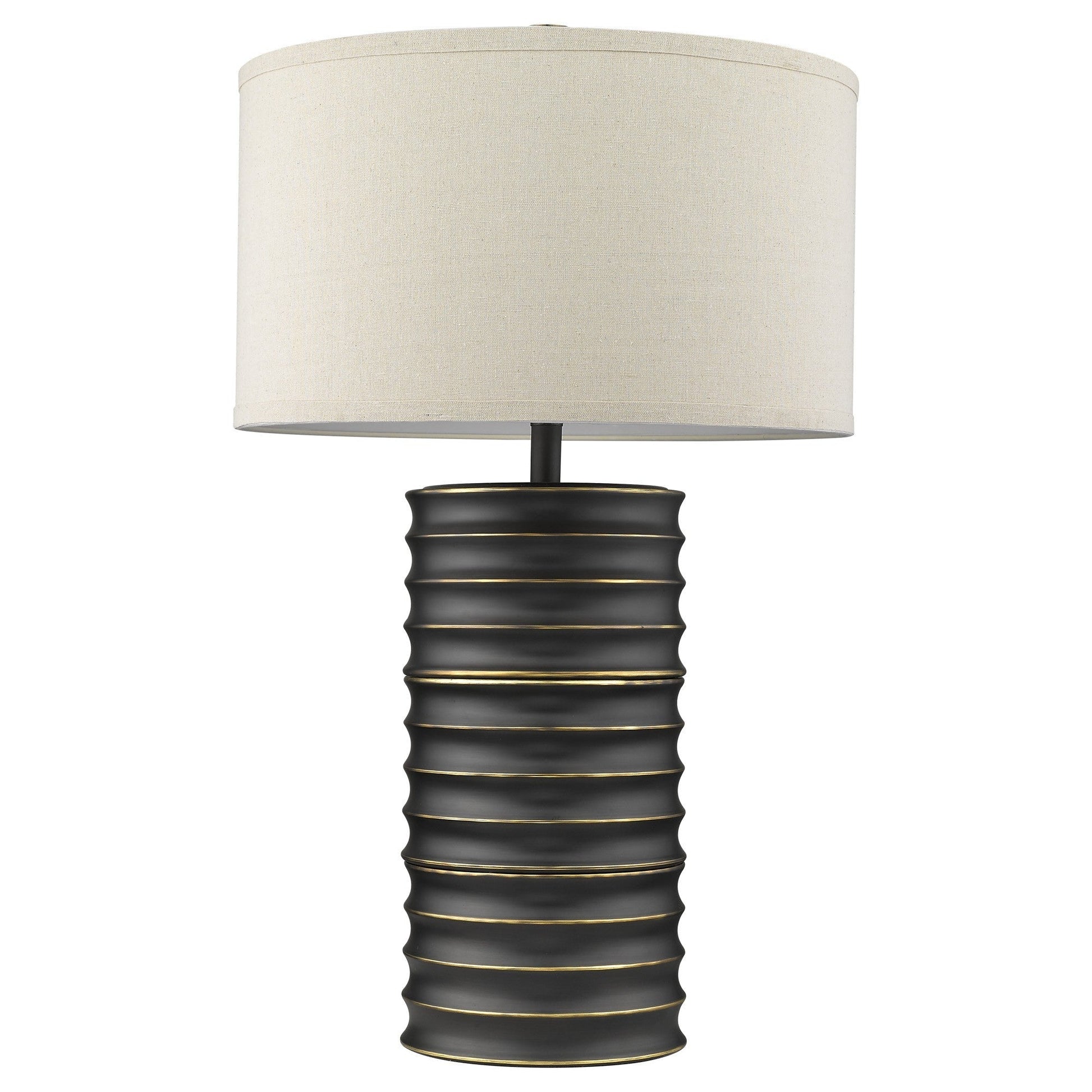 HomeRoots 29" Ceramic Column Table Lamp With Off White Drum Shade in Black Finish