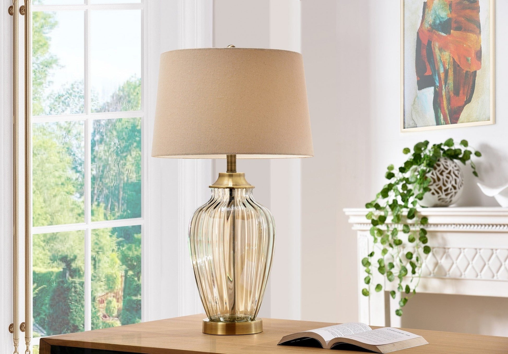 HomeRoots 29" Golden Hue Glass Table Lamp With Cream Fabric Shade