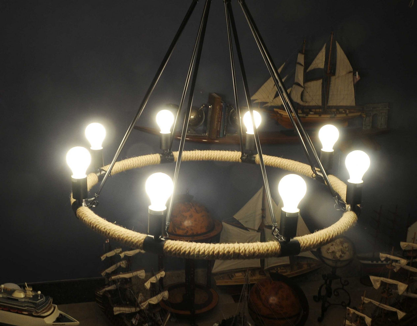 HomeRoots 32" x 37" x 32" 8 Bulbs Pendant Lamp With Rope Finish