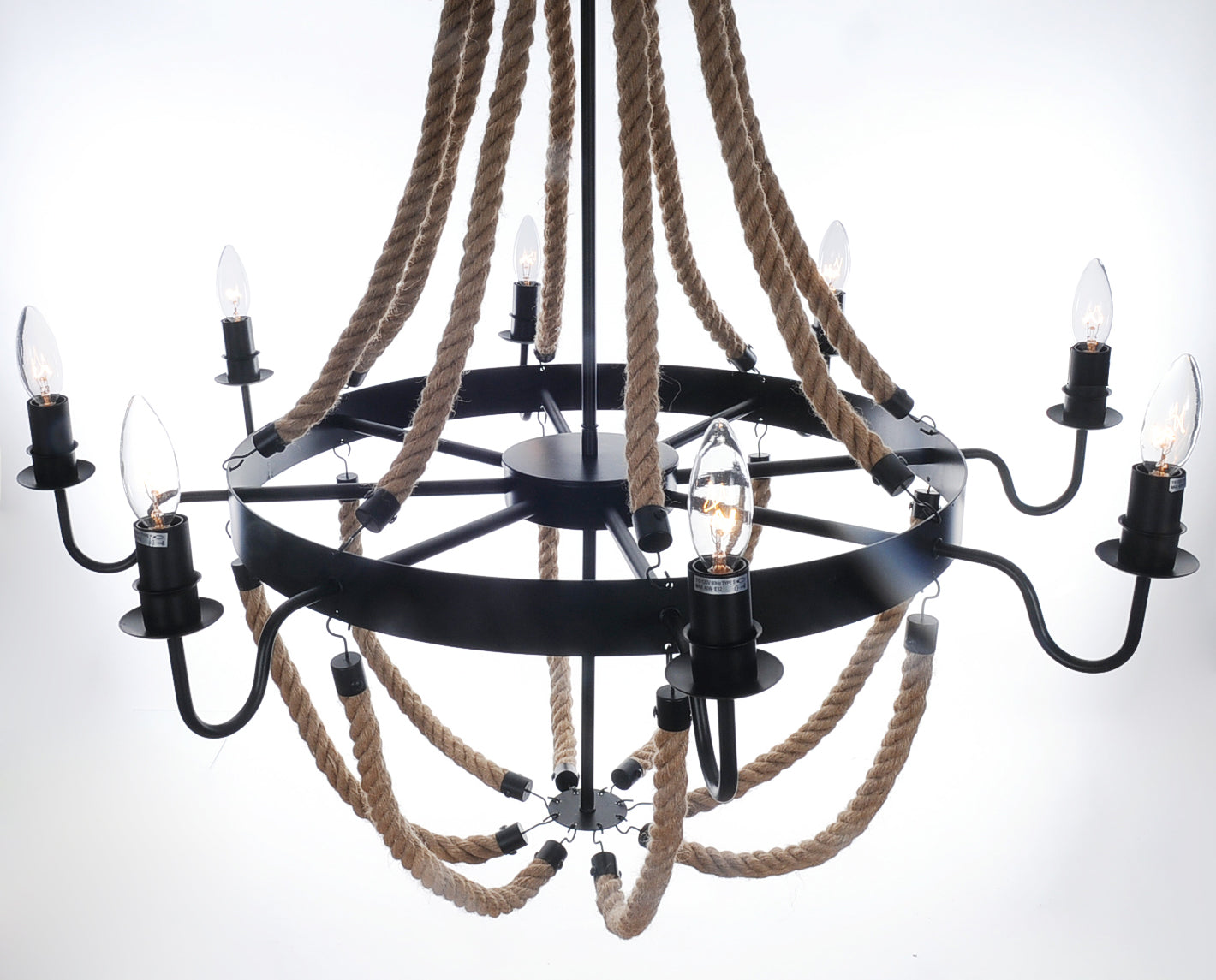 HomeRoots 35.5" x 35.5" x 47" 8 Bulbs Large Pendant Lamp With Rope Finish