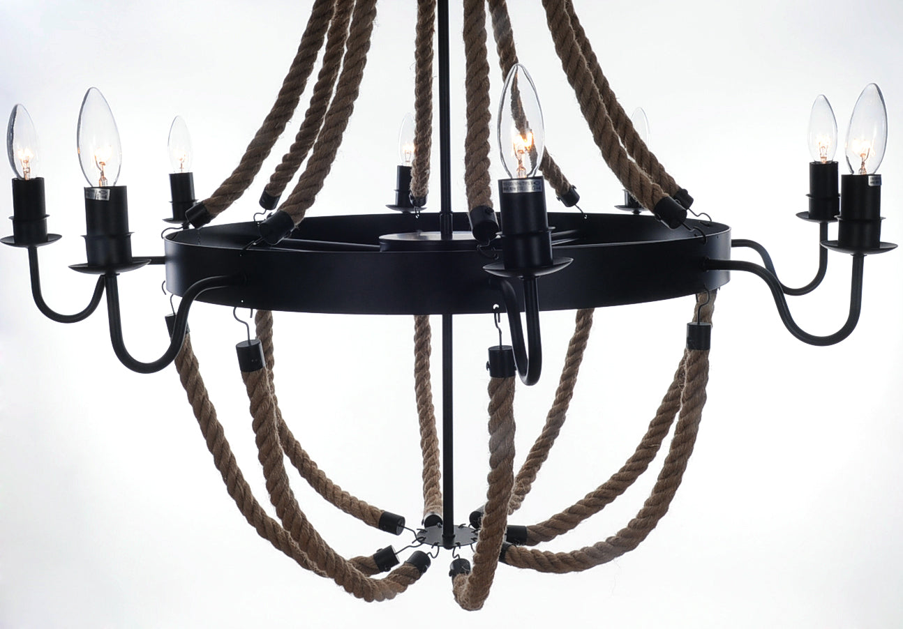 HomeRoots 35.5" x 35.5" x 47" 8 Bulbs Large Pendant Lamp With Rope Finish
