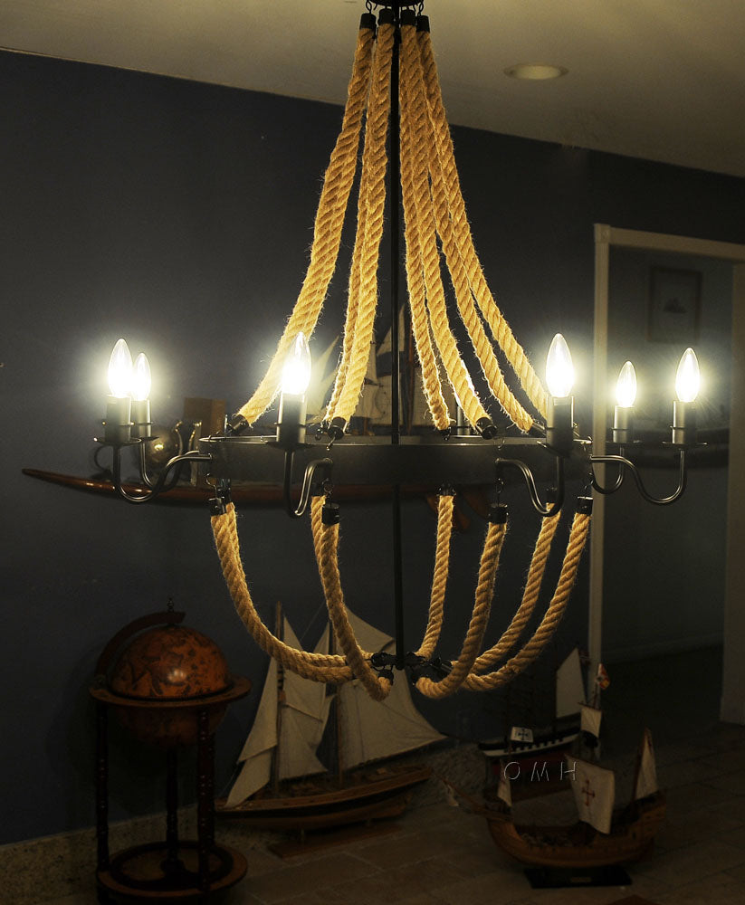 HomeRoots 35.5" x 35.5" x 47" 8 Bulbs Large Pendant Lamp With Rope Finish