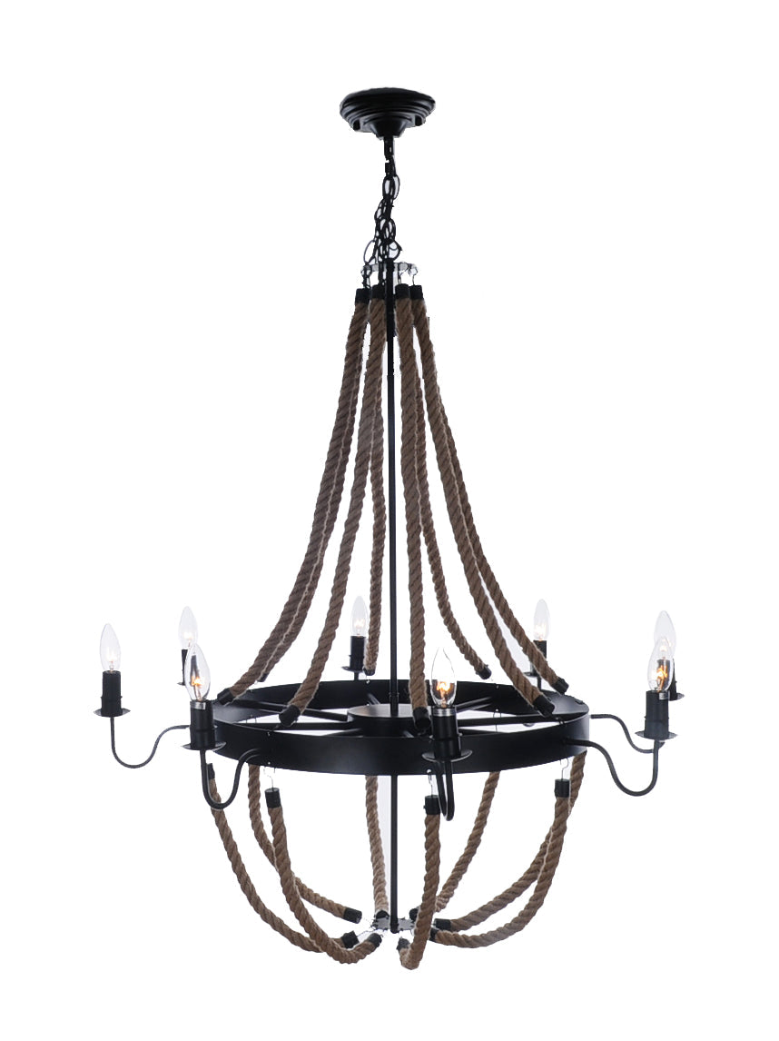 HomeRoots 35.5" x 35.5" x 47" 8 Bulbs Large Pendant Lamp With Rope Finish