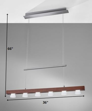 HomeRoots 36" x 11" x 38-69" LED 6 Light Adjustable Pendant With Walnut Wood Finish