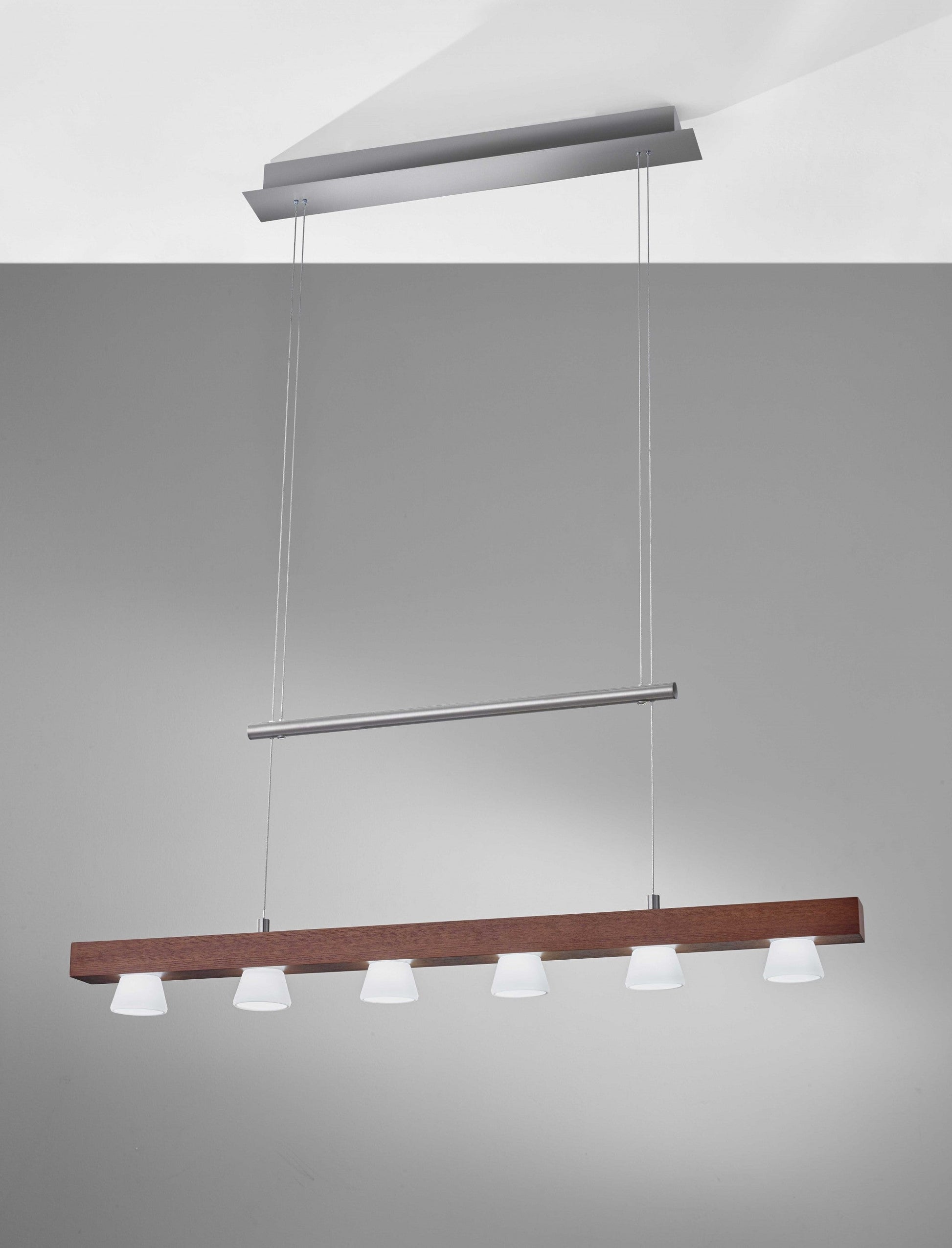 HomeRoots 36" x 11" x 38-69" LED 6 Light Adjustable Pendant With Walnut Wood Finish