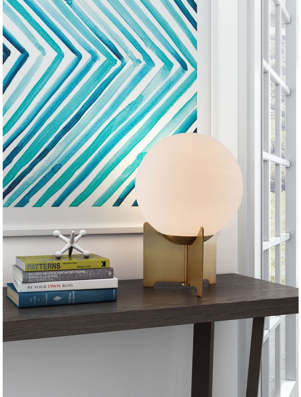 HomeRoots 37" Brass Metal Bedside Table With Off White Globe Shade