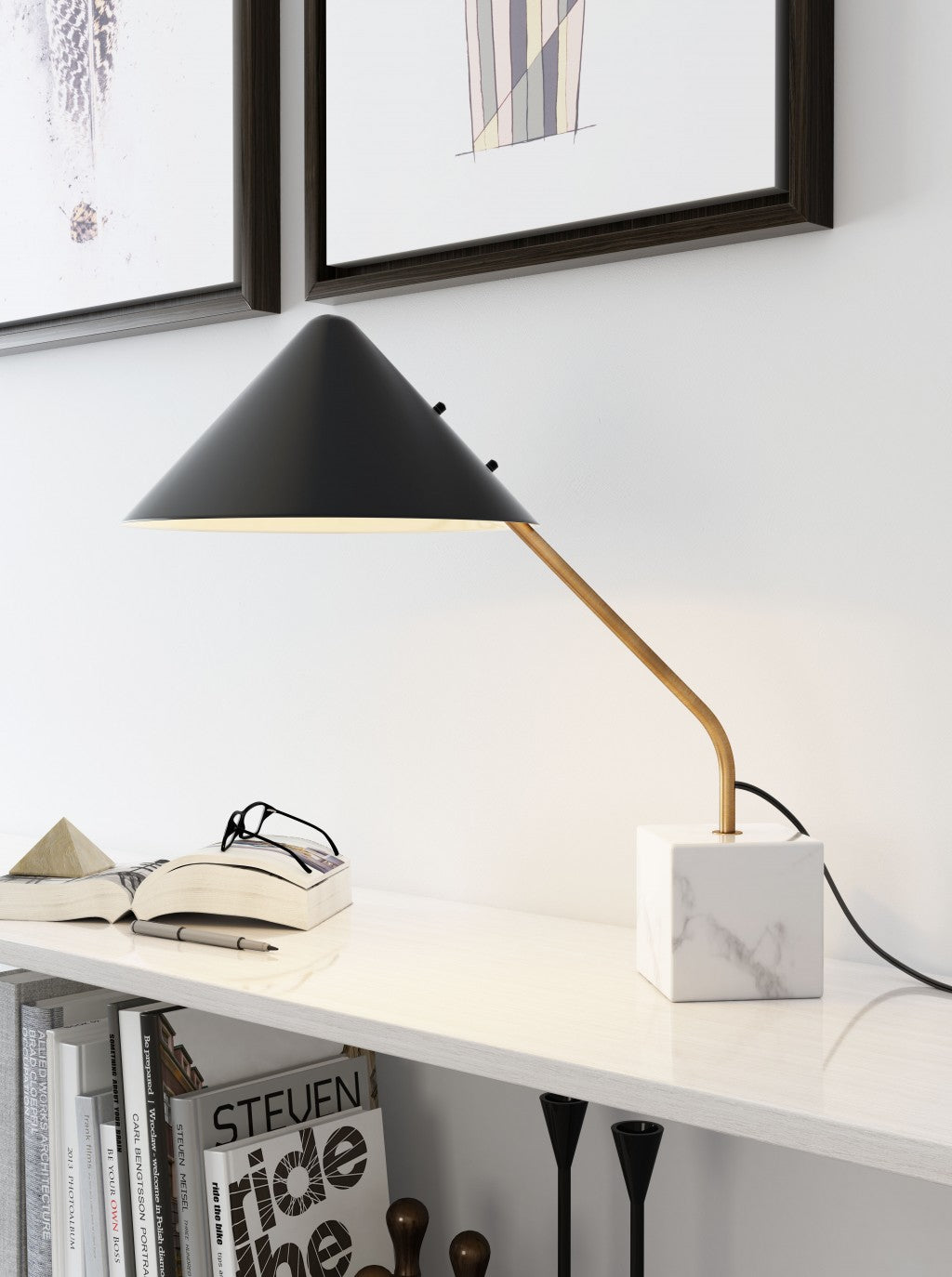 HomeRoots 52" White Bedside Table Lamp With Black Cone Shade