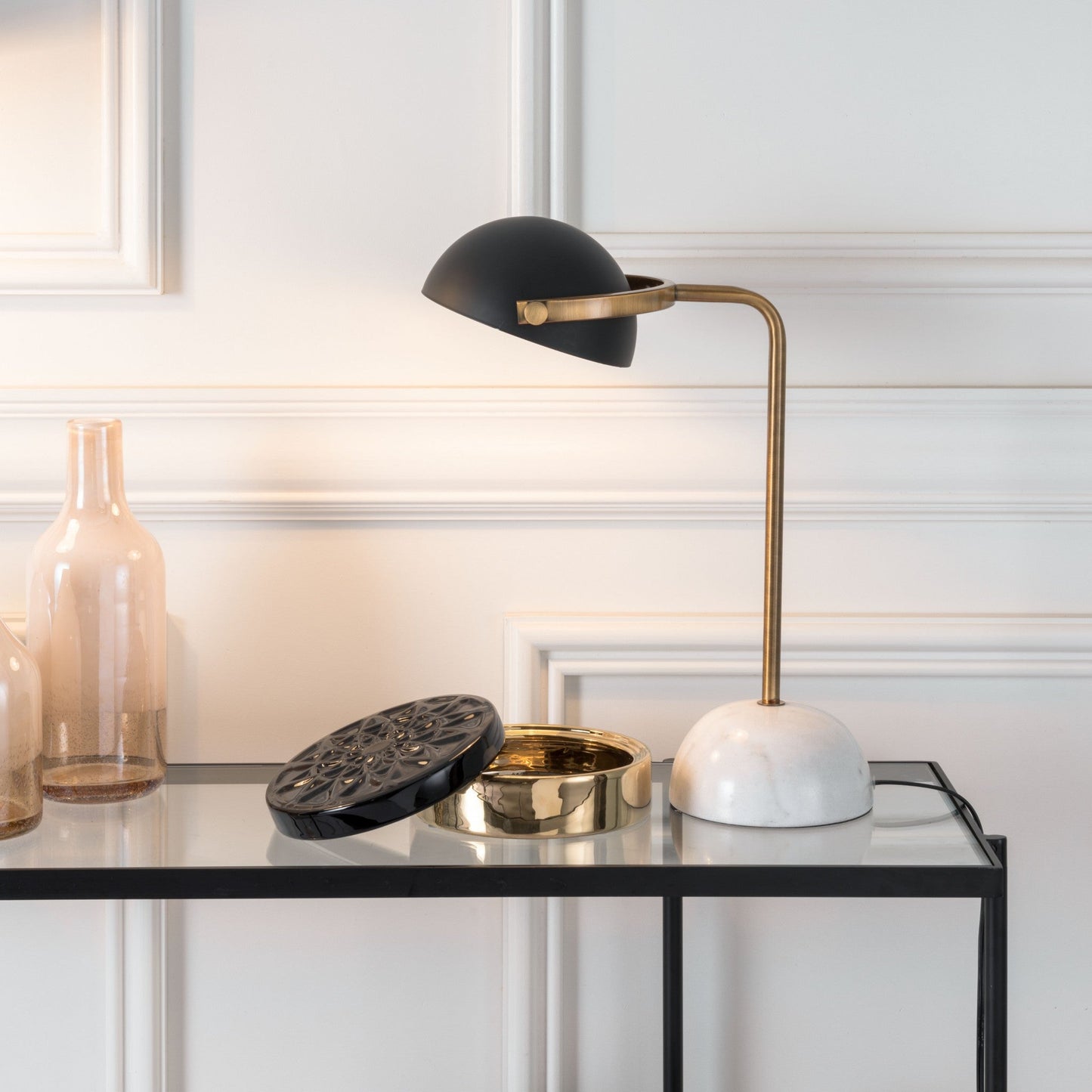 HomeRoots 54" White Bedside Table Lamp With Black Bowl Shade