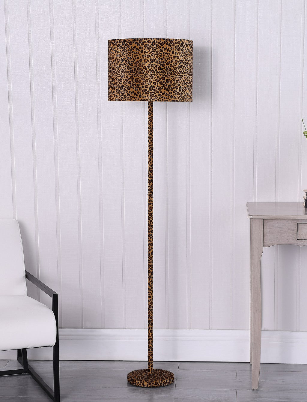 HomeRoots 59” Black and Orange Floor Lamp With Faux Leopard Finish