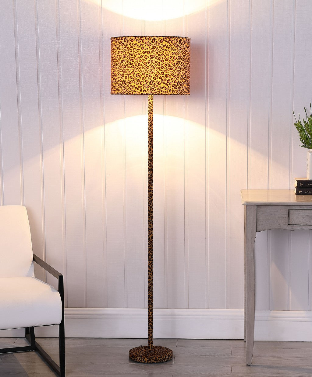 HomeRoots 59” Black and Orange Floor Lamp With Faux Leopard Finish