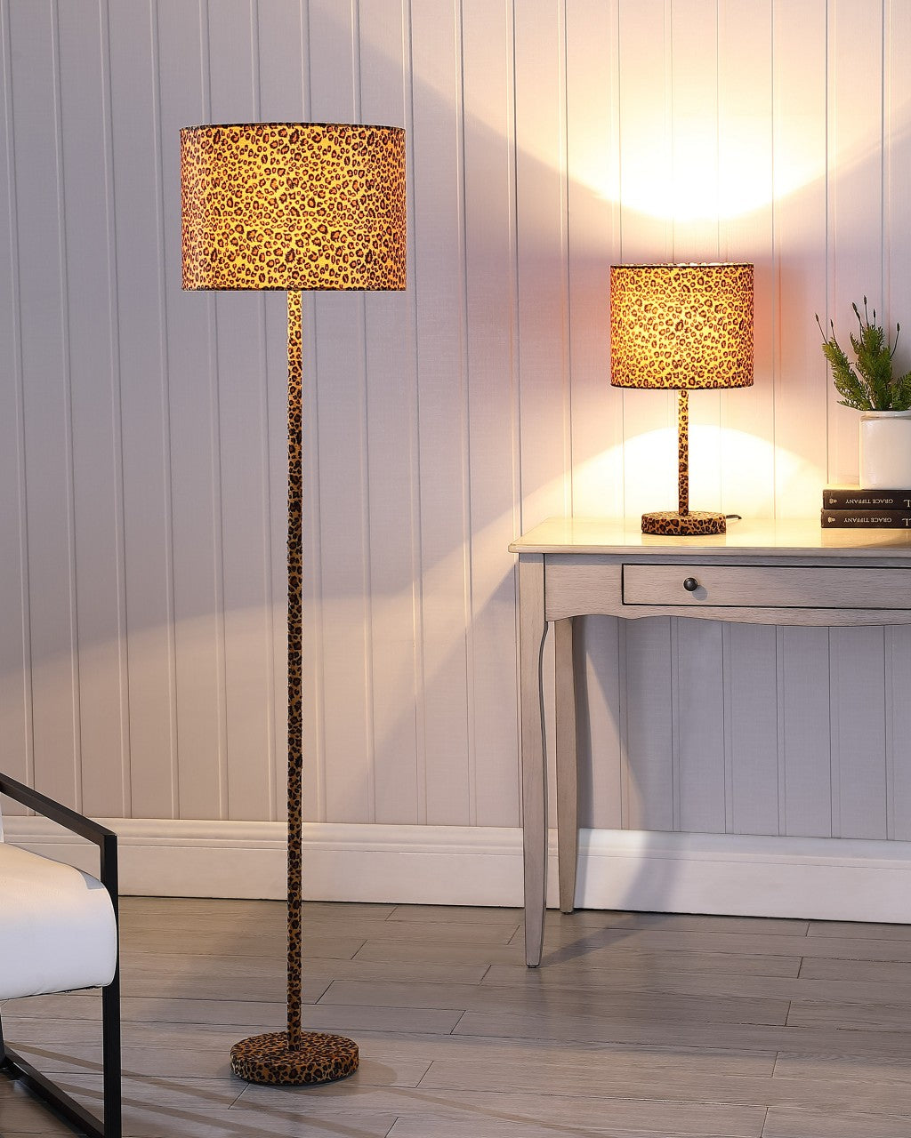 HomeRoots 59” Black and Orange Floor Lamp With Faux Leopard Finish