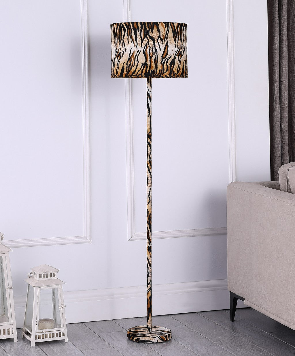 HomeRoots 59” Floor Lamp With Beige Black and Brown Faux Tiger