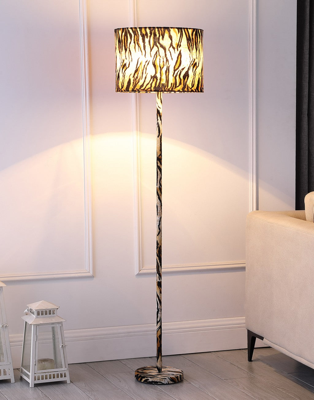 HomeRoots 59” Floor Lamp With Beige Black and Brown Faux Tiger