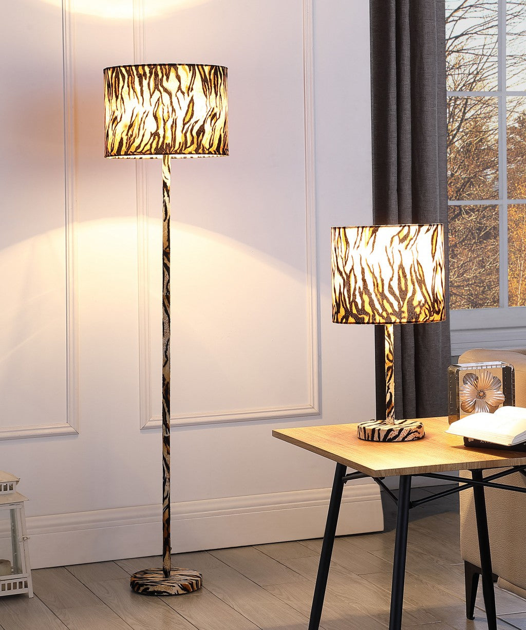 HomeRoots 59” Floor Lamp With Beige Black and Brown Faux Tiger