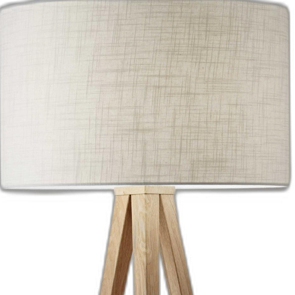 HomeRoots 60" Tripod Floor Lamp With White Drum Shade in Natural Oak Finish